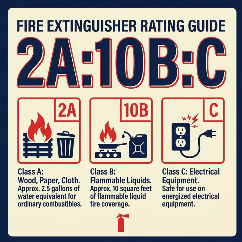 Close-up of fire extinguisher rating label showing 2A:10B:C with explanation of what each number means for coverage area