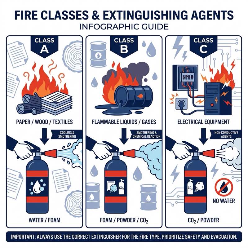Three fire classes - Class A ordinary combustibles, Class B flammable liquids, Class C electrical fires - with corresponding ABC fire extinguisher