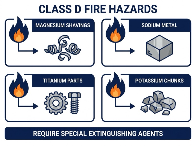 Class D combustible metal fire hazards showing magnesium, sodium, titanium, and potassium with corresponding fire class danger levels