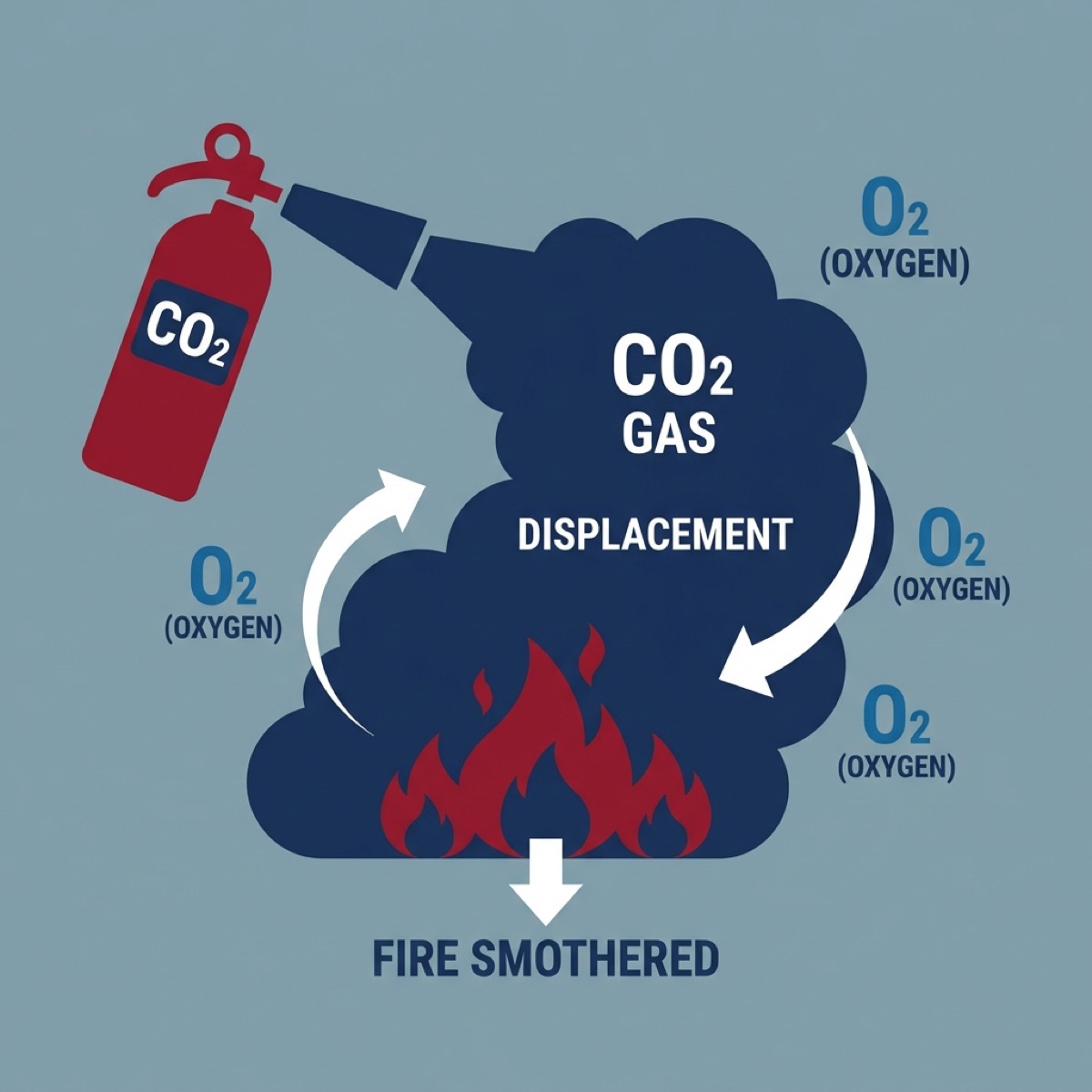 Diagram showing CO2 gas displacing oxygen around a fire to smother flames