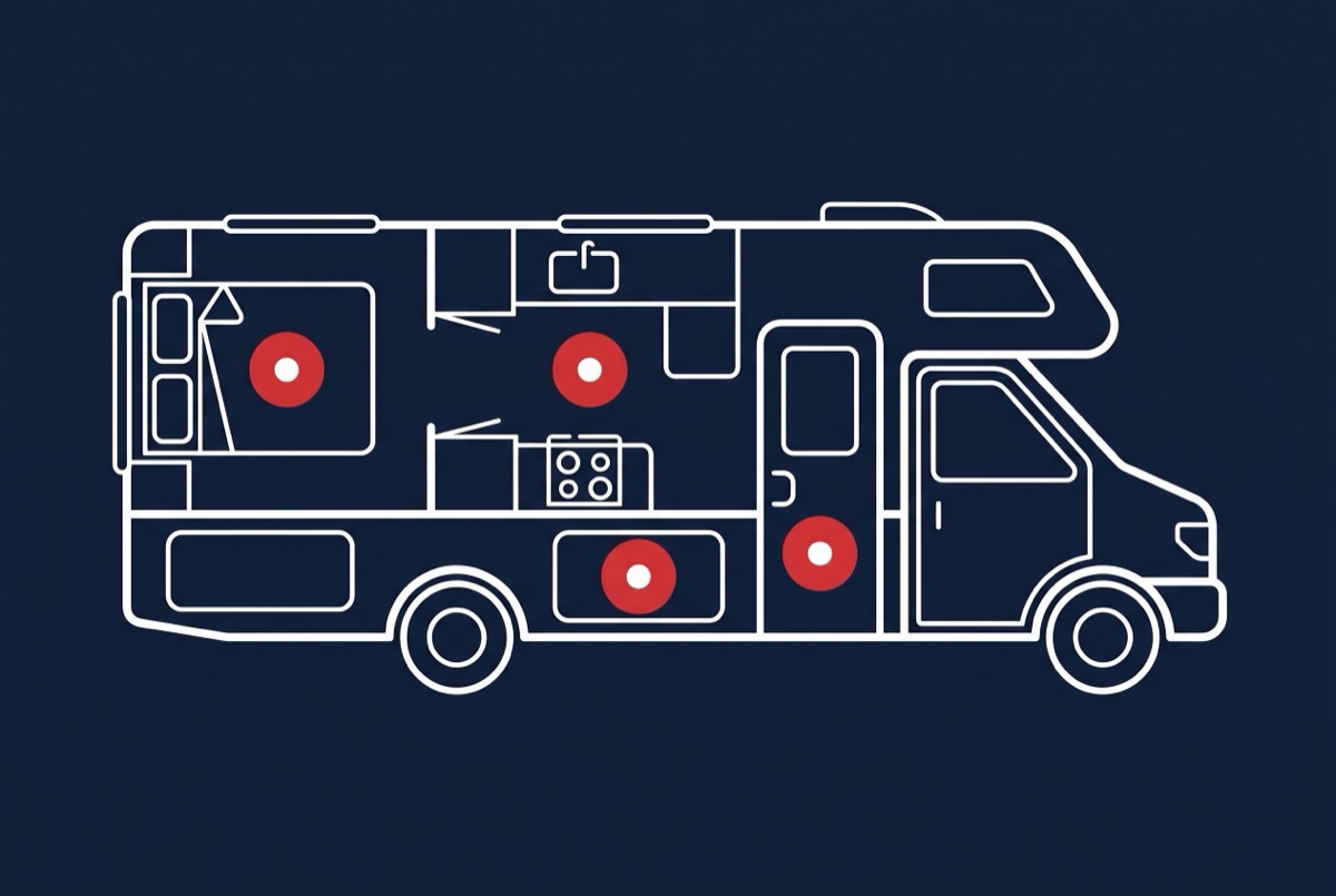 RV floor plan showing recommended fire extinguisher mounting locations near exit, kitchen, sleeping area, and outside compartment