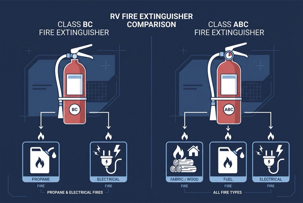 Comparison of Class BC and ABC fire extinguishers for RVs showing the different fire types each one covers