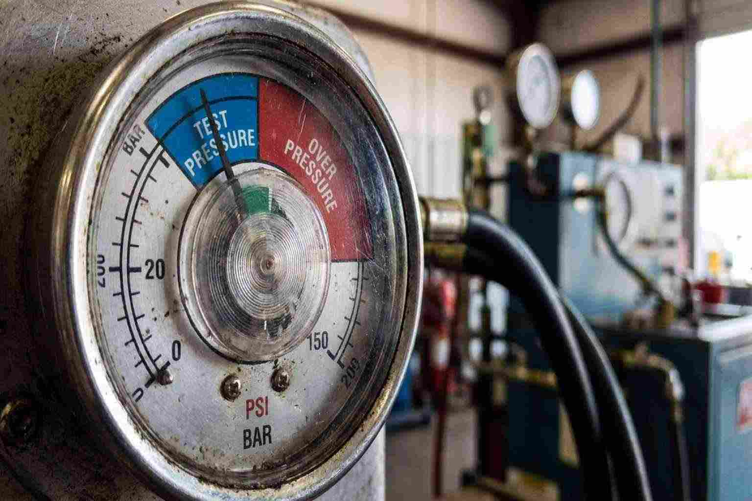 Close-up of fire extinguisher pressure gauge showing test pressure readings and safety zone markings