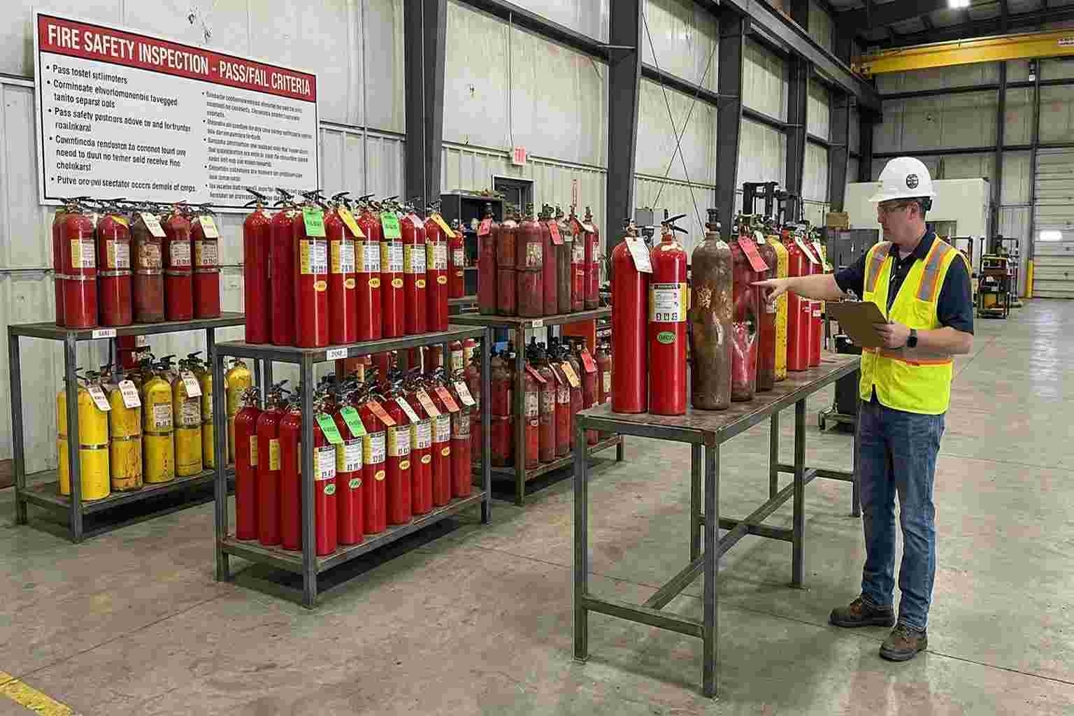 Fire extinguisher cylinders showing comparison between pass and fail conditions during hydrostatic testing