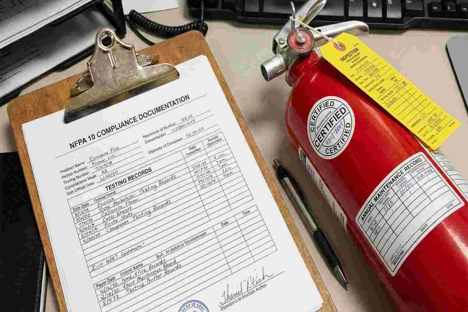 NFPA 10 compliance documentation and testing records with certification stickers on fire extinguisher