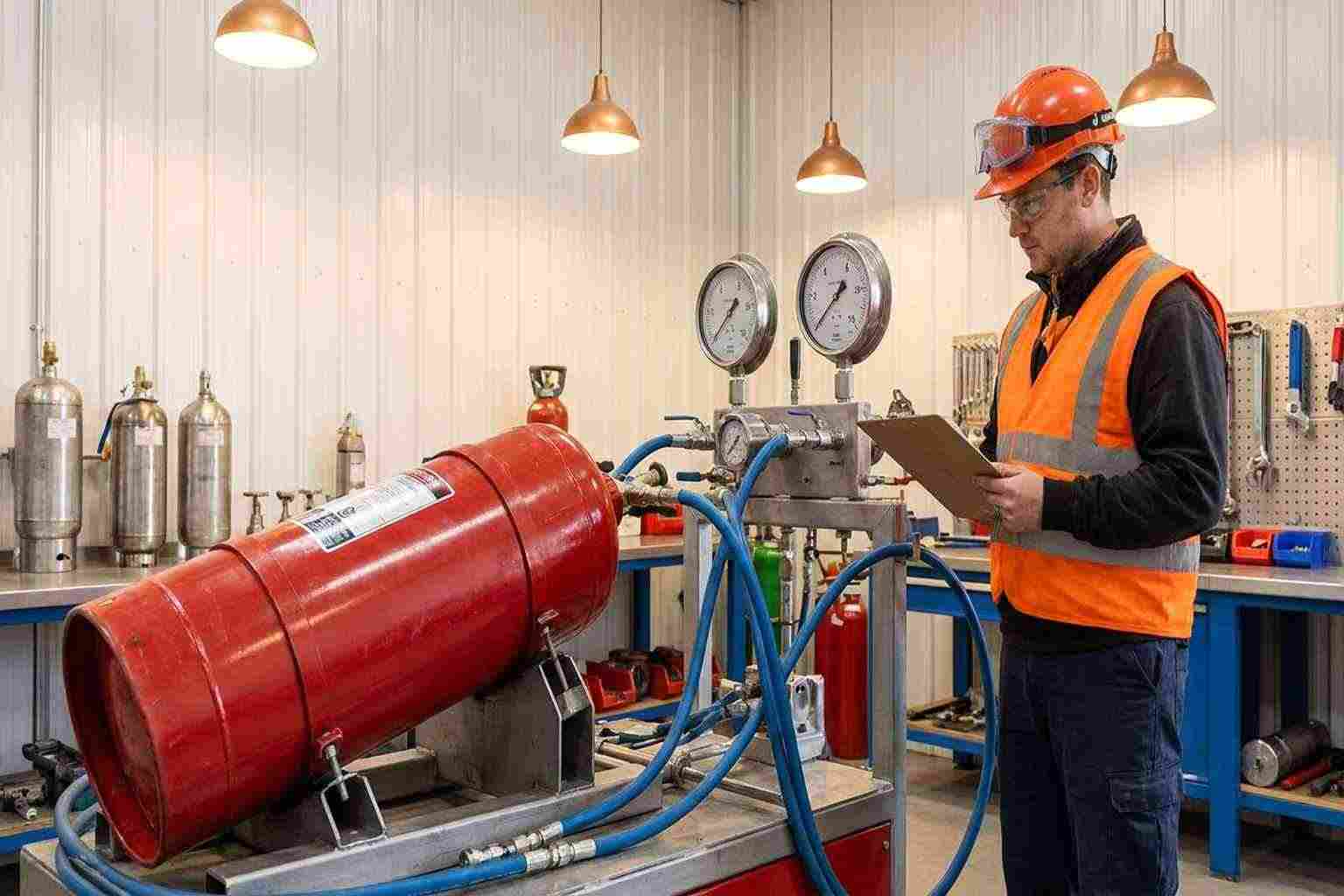 Fire extinguisher hydrostatic testing station with pressure gauges