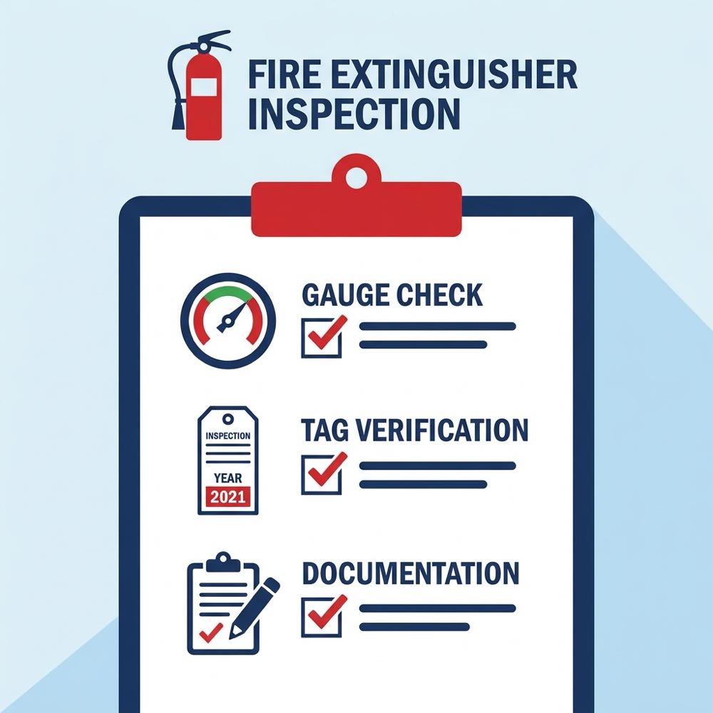 Fire extinguisher inspection checklist showing gauge check, pin verification, and documentation steps for NFPA 10 compliance