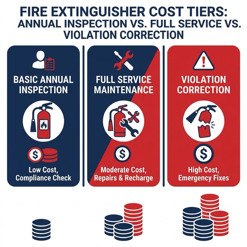 Fire extinguisher inspection cost comparison showing basic annual inspection vs full service vs violation correction pricing tiers
