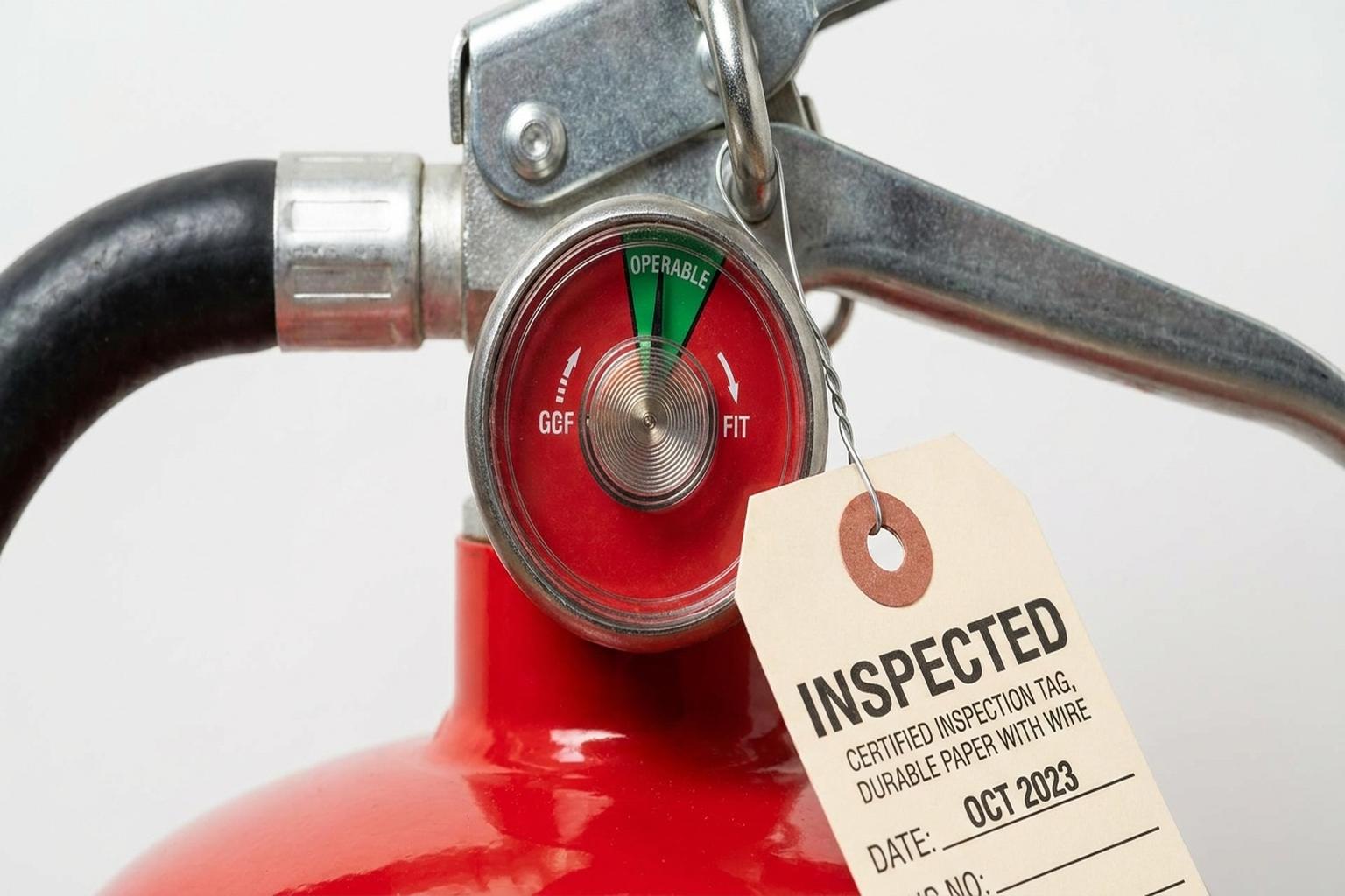 Fire extinguisher pressure gauge showing green zone with inspection tag attached