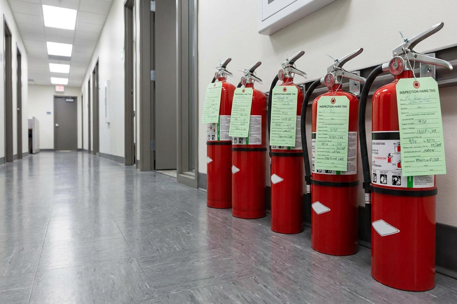 Multiple red fire extinguishers lined up in commercial building with inspection tags