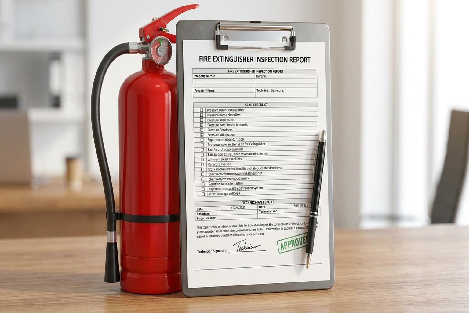 Fire extinguisher inspection report on clipboard next to red fire extinguisher