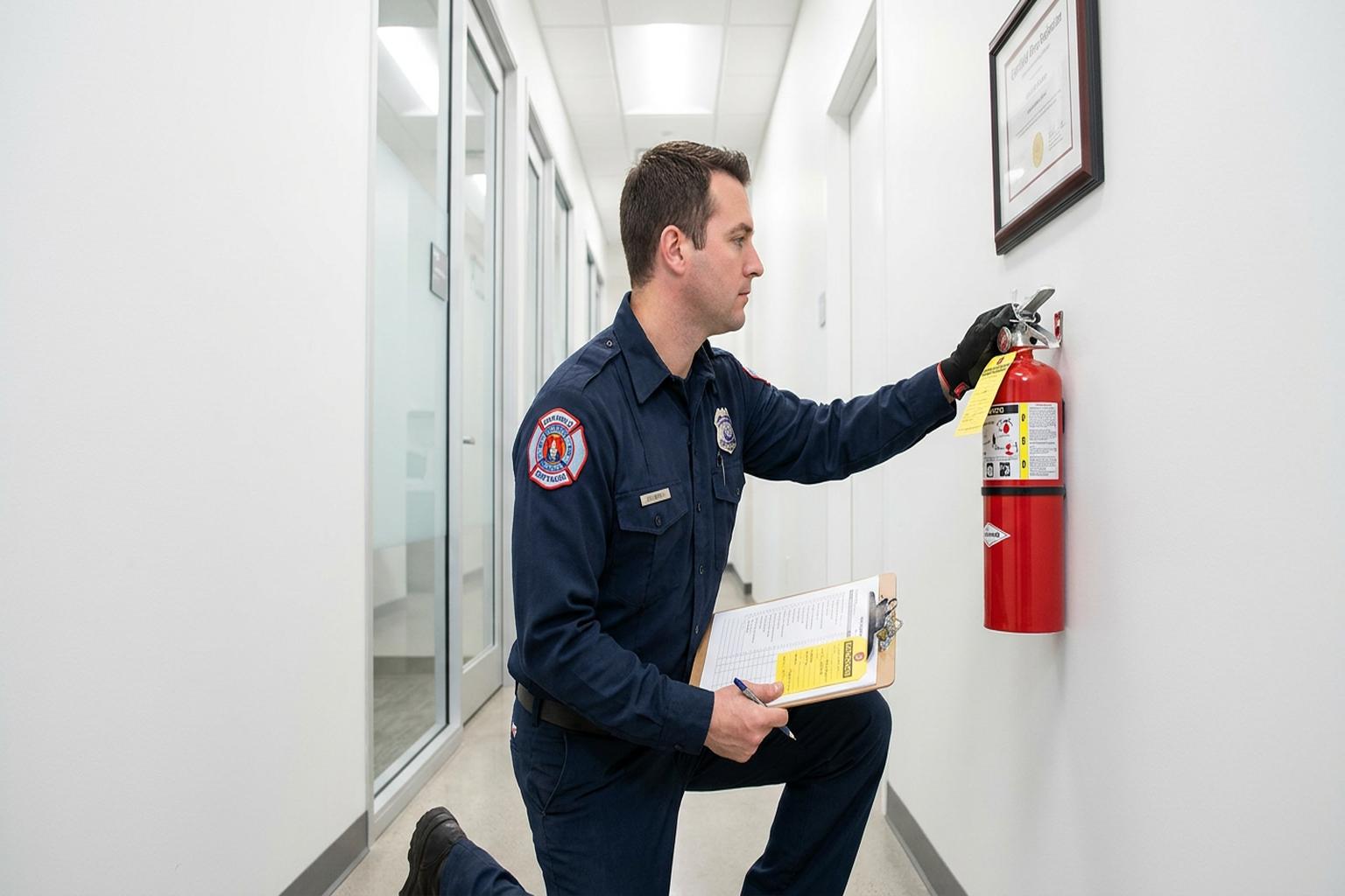 Fire safety technician inspecting fire extinguisher in commercial building