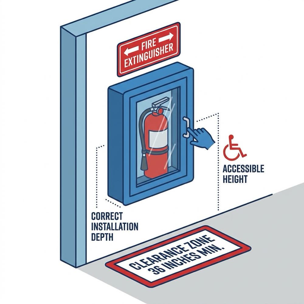 Recessed fire extinguisher cabinet with proper signage and mounting depth for wall installation