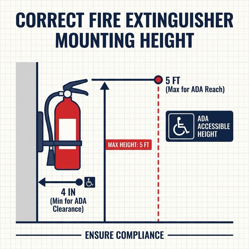 Fire extinguisher mounting height diagram showing 4-inch minimum from floor and 5-foot maximum to top of unit per NFPA 10 requirements