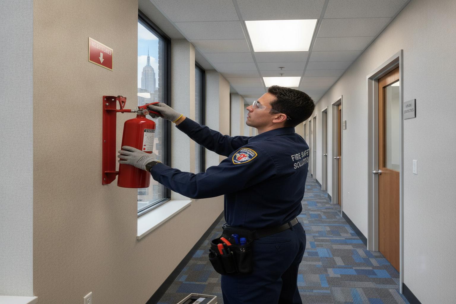 Fire safety technician replacing a wall-mounted commercial fire extinguisher in a New York City restaurant kitchen with new unit and inspection tag
