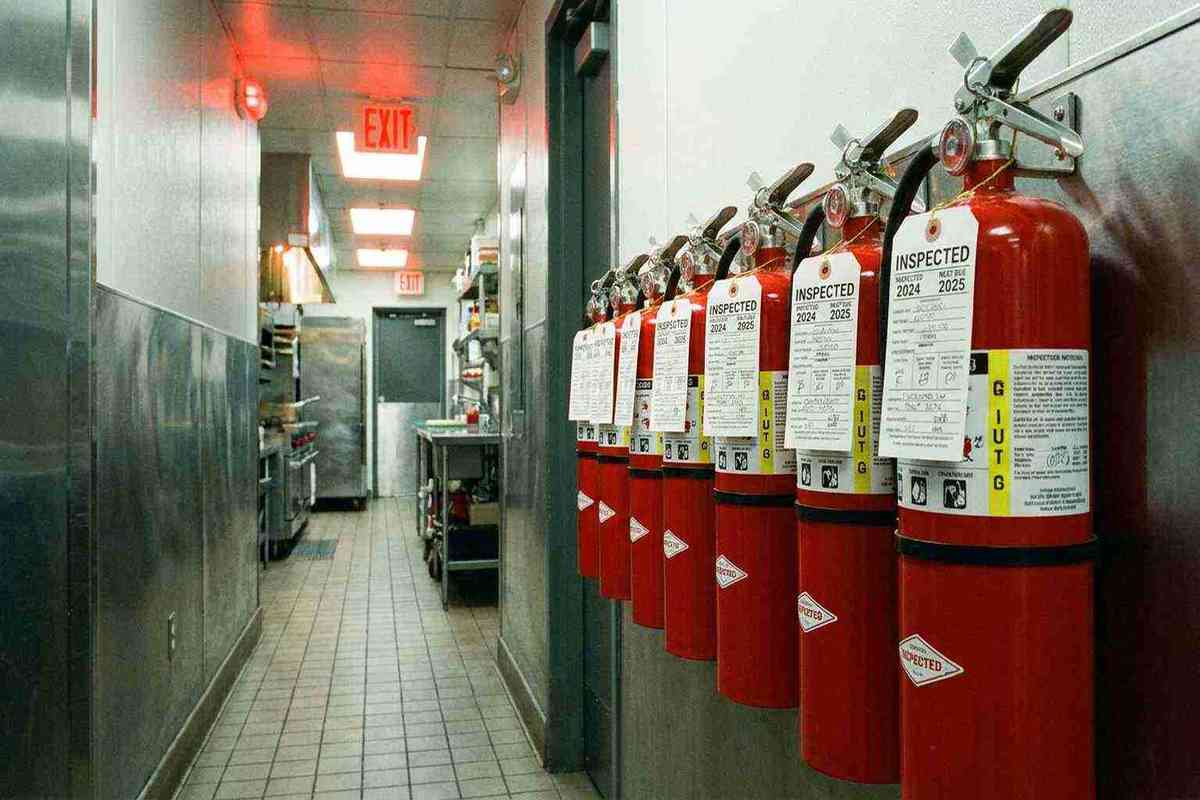 Row of fire extinguishers in commercial building hallway with current inspection tags attached