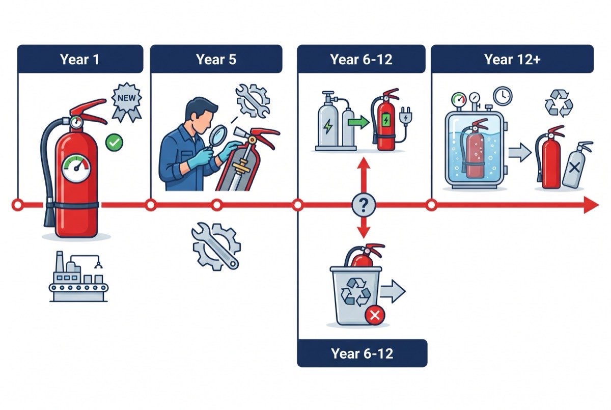 Fire extinguisher lifespan timeline showing inspection milestones from year 1 through year 12 including monthly checks, annual inspections, internal exams, and hydrostatic testing