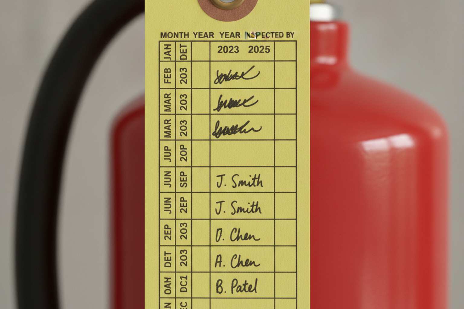 Fire extinguisher inspection tag with dates and technician signatures