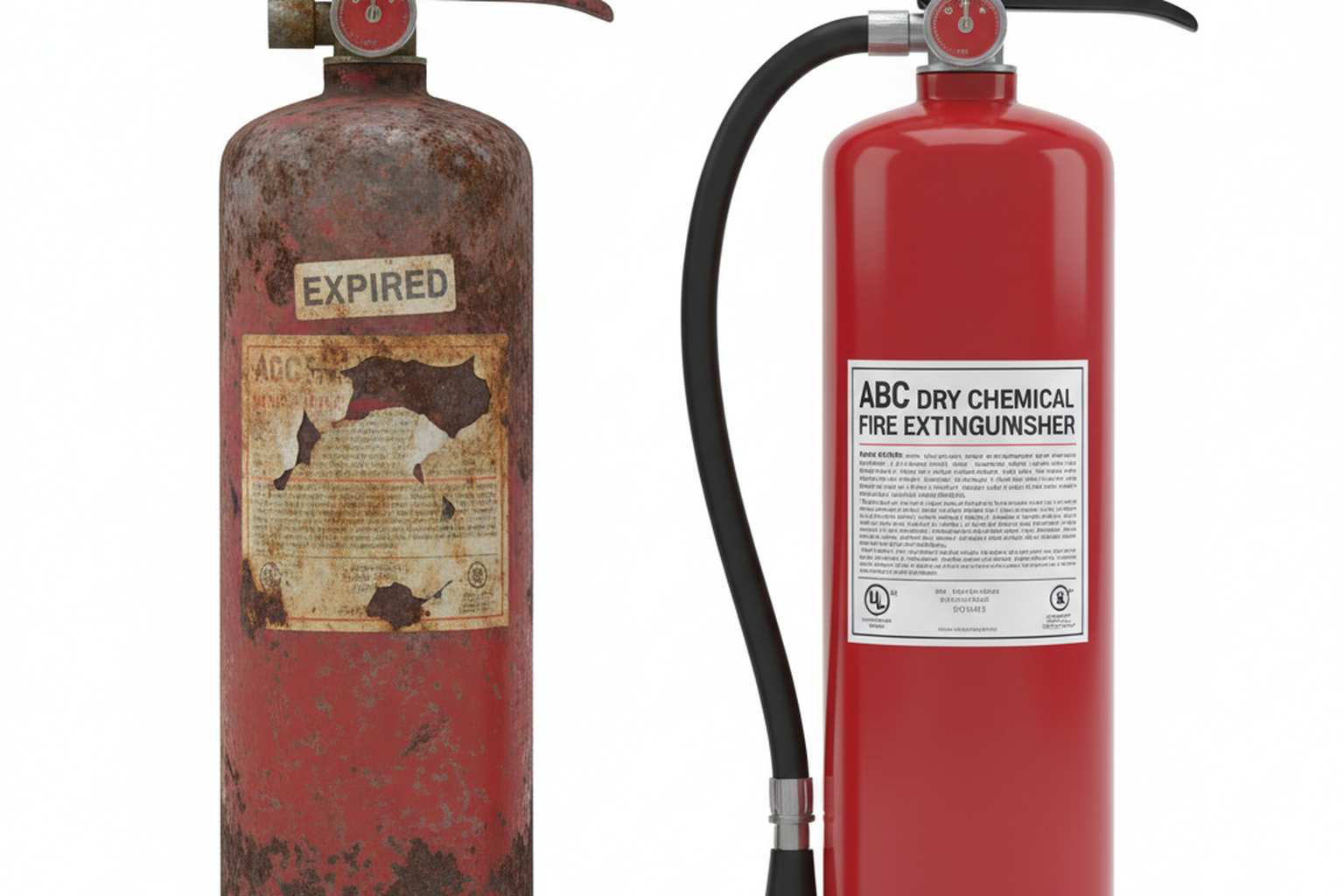Old expired fire extinguisher next to a new replacement unit