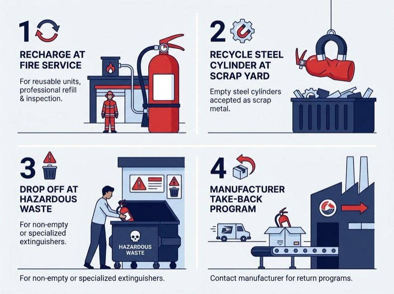 Four disposal paths for fire extinguishers: recharge at fire service, recycle steel cylinder, hazardous waste drop-off, and manufacturer take-back program