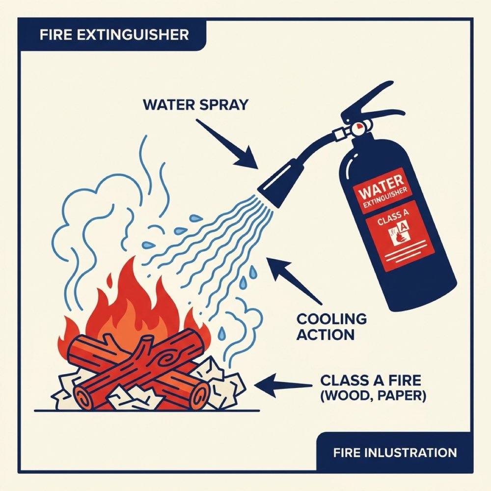 Diagram showing water spray cooling a Class A fire by absorbing heat from burning wood and paper