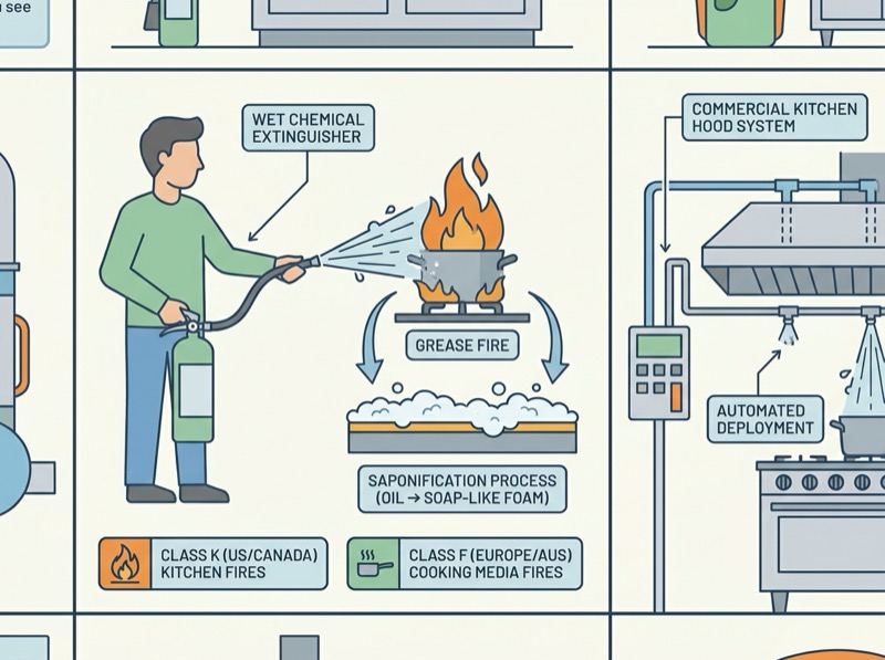 Wet chemical fire extinguisher deployment on a commercial kitchen grease fire showing the saponification foam blanket process and Class K designation