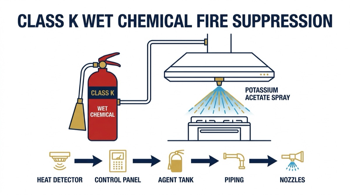 Wet chemical Class K fire extinguisher for kitchen fires